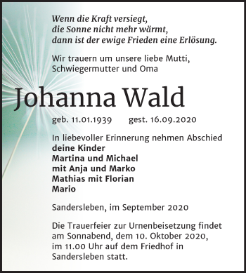 Traueranzeige von Johanna Wald von Mitteldeutsche Zeitung Merseburg/Querfurt