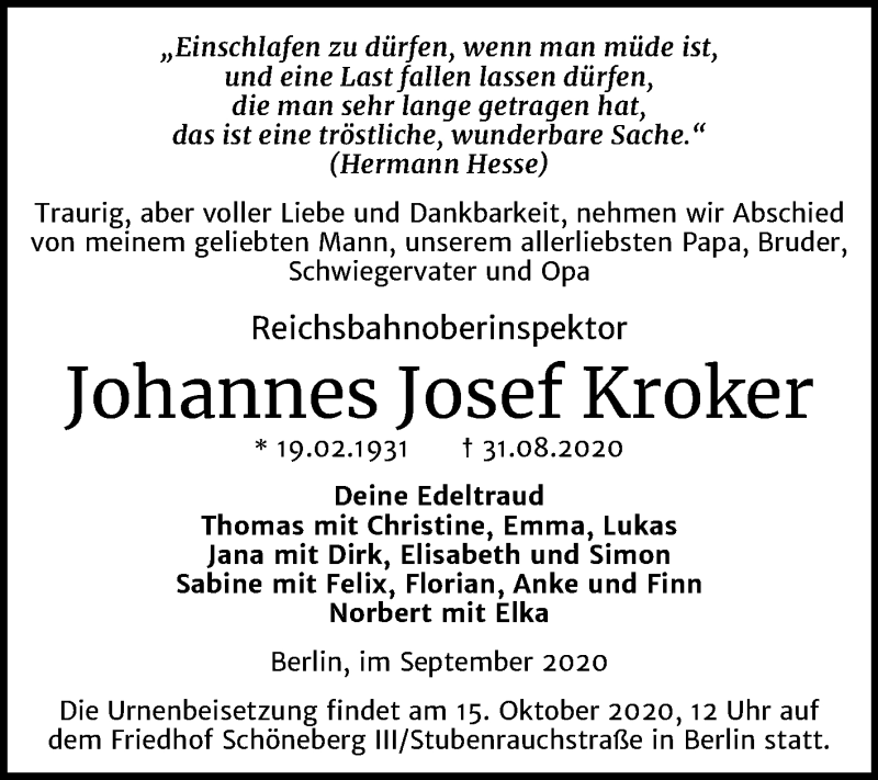 Traueranzeigen von Johannes Josef Kroker | www.abschied-nehmen.de