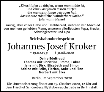 Traueranzeige von Johannes Josef Kroker von Mitteldeutsche Zeitung Halle/Saalkreis
