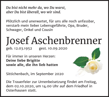 Traueranzeige von Josef Aschenbrenner von Super Sonntag Mansfelder Land