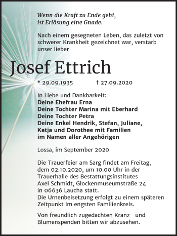 Traueranzeige von Josef Ettrich von Wochenspiegel Naumburg/Nebra