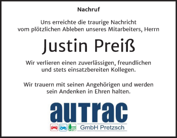 Traueranzeige von Justin Preiß von Super Sonntag Wittenberg