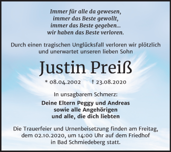 Traueranzeige von Justin Preiß von Mitteldeutsche Zeitung Wittenberg