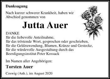 Traueranzeige von Jutta Auer von Mitteldeutsche Zeitung Wittenberg