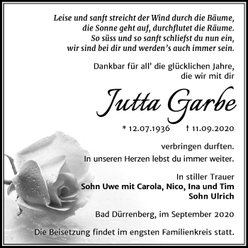 Traueranzeige von Jutta Garbe von Super Sonntag Merseburg/Querfurt
