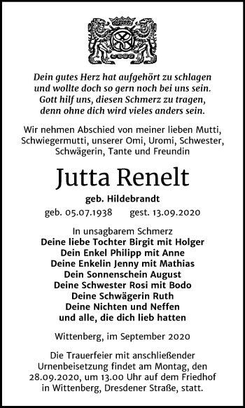 Traueranzeige von Jutta Renelt von Super Sonntag Wittenberg