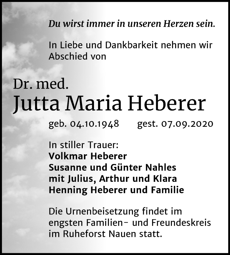  Traueranzeige für Jutta Maria Heberer vom 19.09.2020 aus Super Sonntag Merseburg/Querfurt