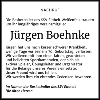 Traueranzeige von Jürgen Boehnke von Wochenspiegel Weißenfels