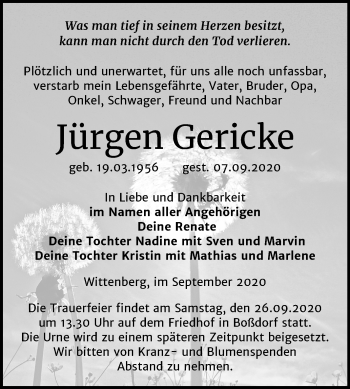 Traueranzeige von Jürgen Gericke von Mitteldeutsche Zeitung Wittenberg