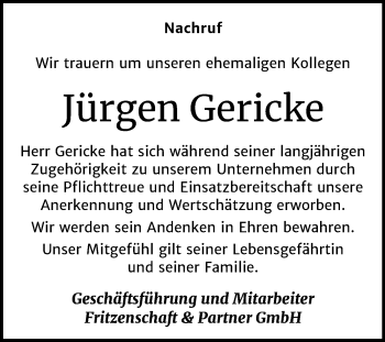 Traueranzeige von Jürgen Gericke von Super Sonntag Wittenberg