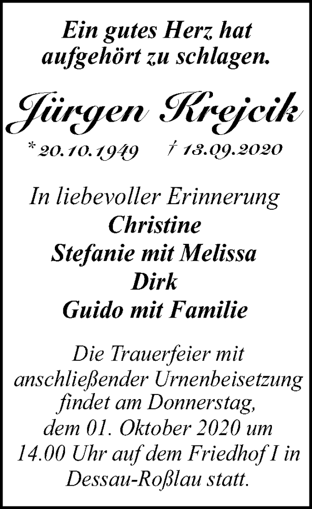  Traueranzeige für Jürgen Krejcik vom 18.09.2020 aus Mitteldeutsche Zeitung Dessau-Roßlau