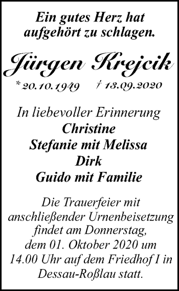 Traueranzeige von Jürgen Krejcik von Super Sonntag Dessau-Roßlau