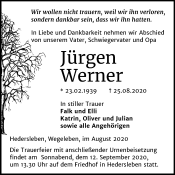 Traueranzeige von Jürgen Werner von Mitteldeutsche Zeitung Quedlinburg
