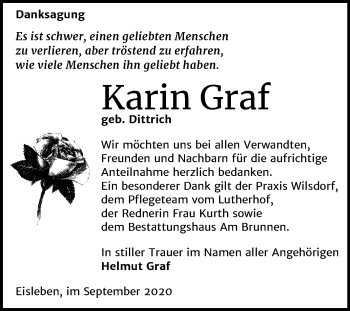 Traueranzeige von Karin Graf von Mitteldeutsche Zeitung Mansfelder Land