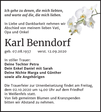 Traueranzeige von Karl Benndorf von Wochenspiegel Weißenfels