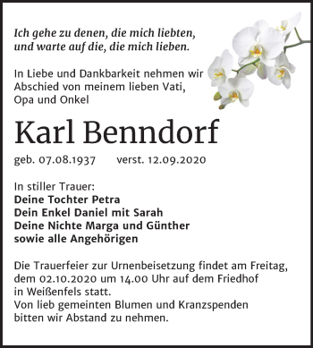 Traueranzeige von Karl Benndorf von Mitteldeutsche Zeitung Weißenfels
