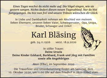 Traueranzeige von Karl Bläsing von Mitteldeutsche Zeitung Köthen
