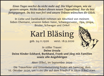 Traueranzeige von Karl Bläsing von Super Sonntag Köthen