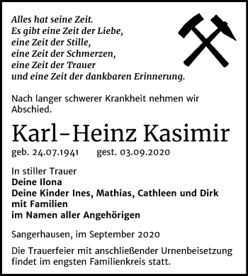 Traueranzeige von Karl-Heinz Kasimir von Mitteldeutsche Zeitung Sangerhausen