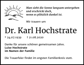 Traueranzeige von Karl Hochstrate von Mitteldeutsche Zeitung Halle/Saalkreis