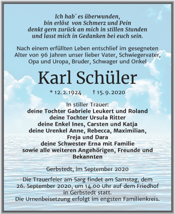 Traueranzeige von Karl Schüler von Mitteldeutsche Zeitung Mansfelder Land