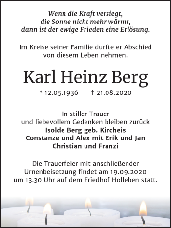 Traueranzeige von Karl Heinz Berg von Mitteldeutsche Zeitung Halle/Saalkreis