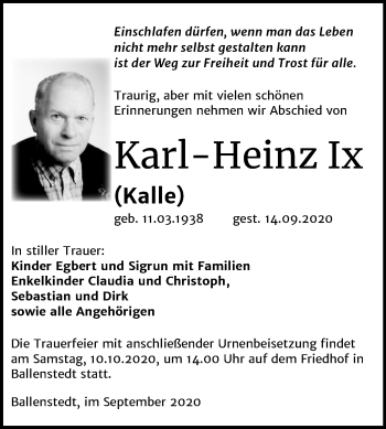 Traueranzeige von Karl Heinz Ix von Mitteldeutsche Zeitung Quedlinburg