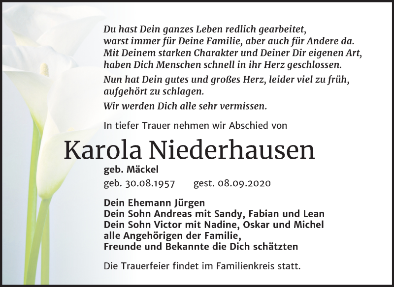  Traueranzeige für Karola Niederhausen vom 19.09.2020 aus Super Sonntag Köthen