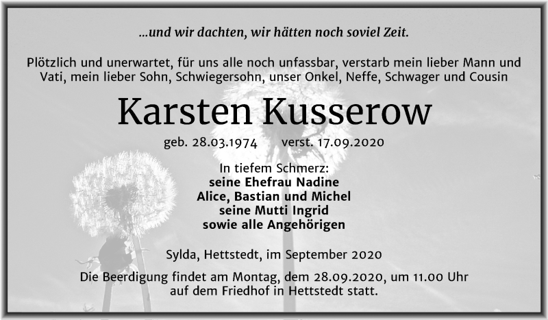  Traueranzeige für Karsten Kusserow vom 22.09.2020 aus Mitteldeutsche Zeitung Mansfelder Land