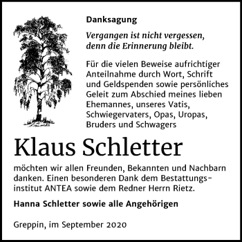 Traueranzeige von Klasu Schletter von Wochenspiegel Bitterfeld
