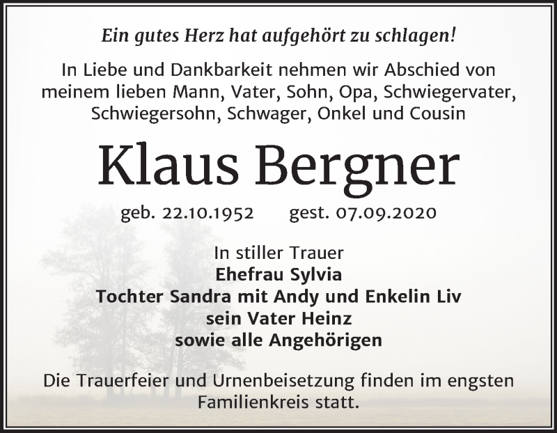  Traueranzeige für Klaus Bergner vom 12.09.2020 aus Mitteldeutsche Zeitung Mansfelder Land