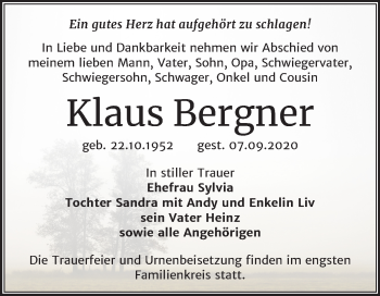 Traueranzeige von Klaus Bergner von Mitteldeutsche Zeitung Mansfelder Land