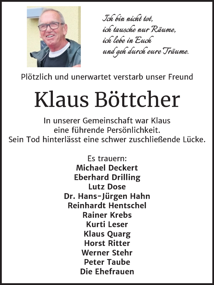  Traueranzeige für Klaus Böttcher vom 04.09.2020 aus Mitteldeutsche Zeitung Weißenfels