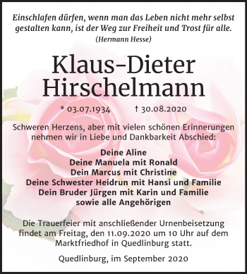 Traueranzeige von Klaus-Dieter Hirschelmann von Super Sonntag Quedlinburg