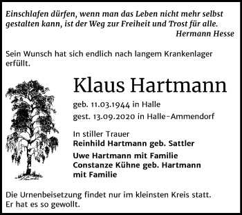 Traueranzeige von Klaus Hartmann von Mitteldeutsche Zeitung Halle/Saalkreis