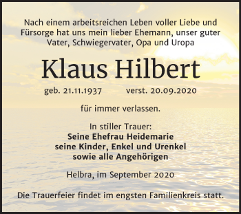 Traueranzeige von Klaus Hilbert von Mitteldeutsche Zeitung Mansfelder Land