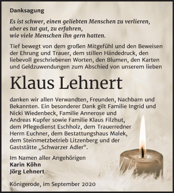Traueranzeige von Klaus Lehnert von Super Sonntag Quedlinburg