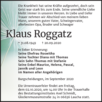 Traueranzeige von Klaus Roggatz von Mitteldeutsche Zeitung Naumburg/Nebra