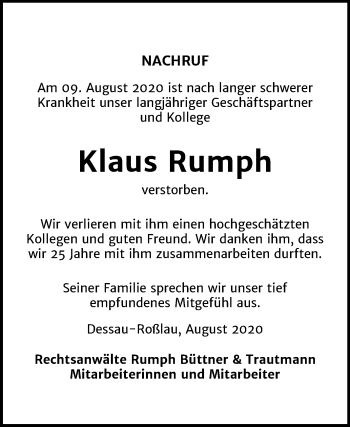 Traueranzeige von Klaus Rumph von Super Sonntag Dessau-Roßlau