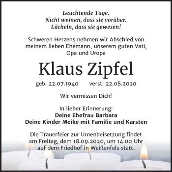 Traueranzeige von Klaus Zipfel von Wochenspiegel Weißenfels