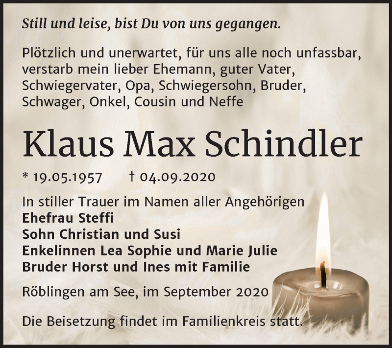  Traueranzeige für Klaus Max Schindler vom 12.09.2020 aus Mitteldeutsche Zeitung Mansfelder Land
