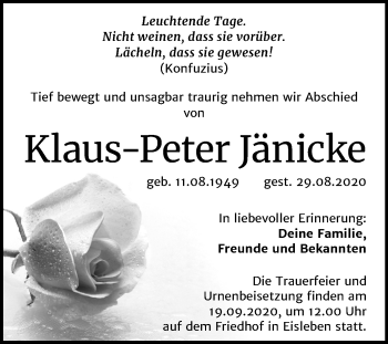 Traueranzeige von Klaus Peter Jänicke von Wochenspiegel Mansfelder Land