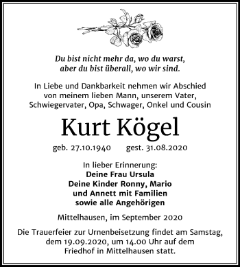 Traueranzeige von Kurt Kögel von Mitteldeutsche Zeitung Sangerhausen