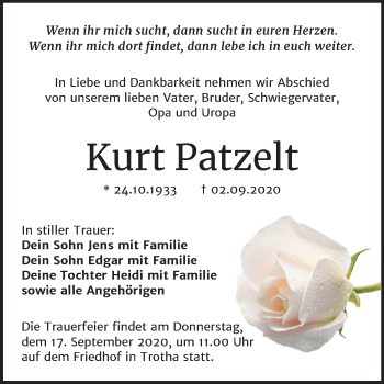 Traueranzeige von Kurt Patzelt von Mitteldeutsche Zeitung Halle/Saalkreis