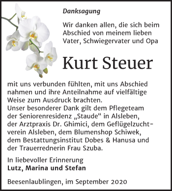 Traueranzeige von Kurt Steuer von Mitteldeutsche Zeitung Bernburg