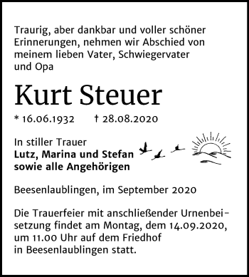 Traueranzeige von Kurt Steuer von Super Sonntag Bernburg