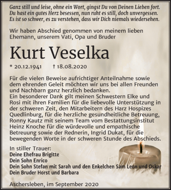 Traueranzeige von Kurt Veselka von Mitteldeutsche Zeitung Aschersleben