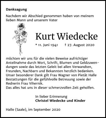 Traueranzeige von Kurt Wiedecke von Mitteldeutsche Zeitung Halle/Saalkreis