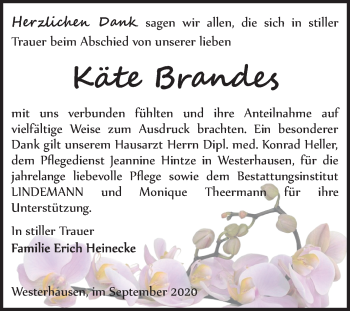 Traueranzeige von Käte Brandes von Mitteldeutsche Zeitung Quedlinburg