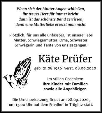 Traueranzeige von Käte Prüfer von Super Sonntag Zeitz